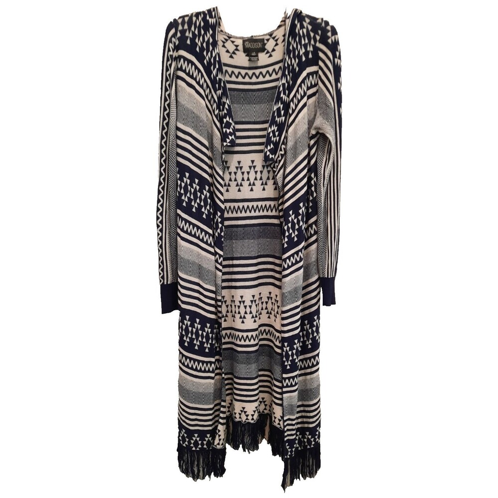 Long Knit Hooded Sweater Duster Fringe Southwestern Lightweigt Navy Tan Large